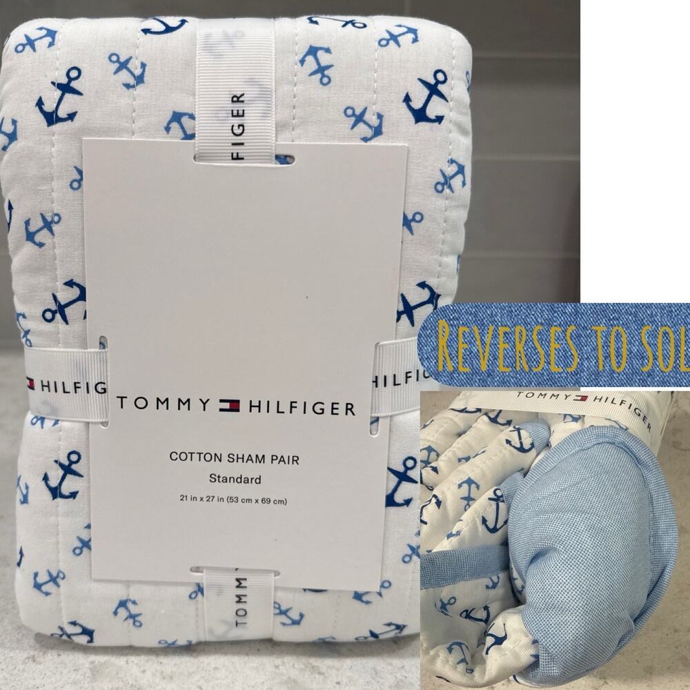Sham Set 2 Nautical Tommy Hilfiger Anchors / Blue Chambray Reversible Shams NEW